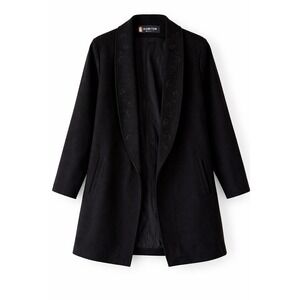 Komitor Womens Black Wool Coat Embroidered Lapel Open Front Vintage USA